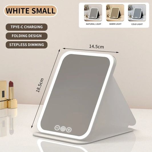 Portable LED Makeup Mirror – 3-Color Light Modes, Brightness Control & USB Charging
