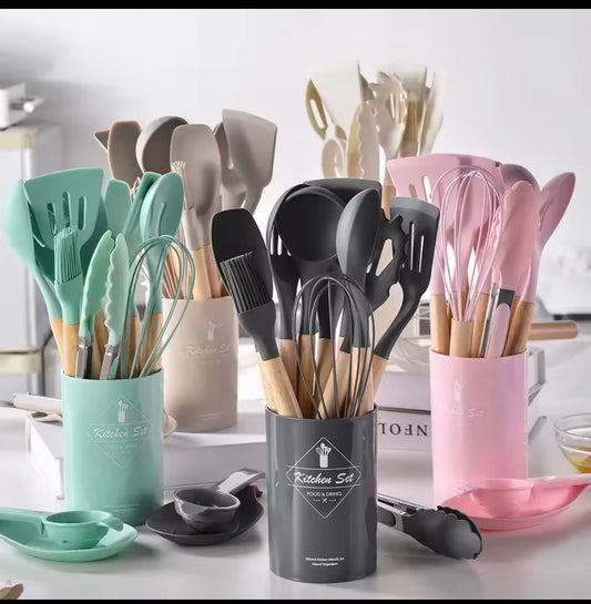 12-Piece Silicone Cooking Utensil Set – Non-Stick Spatulas & Spoons with Wooden Handles