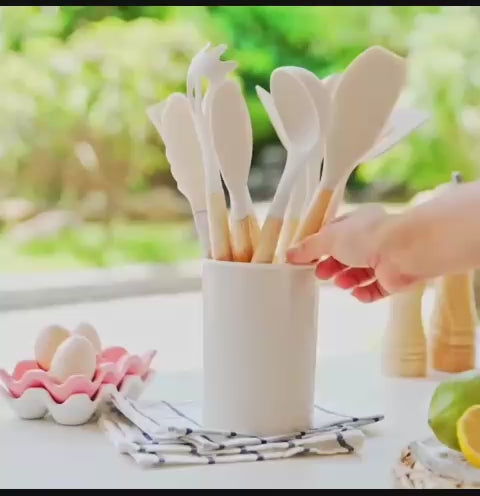 12-Piece Silicone Cooking Utensil Set – Non-Stick Spatulas & Spoons with Wooden Handles