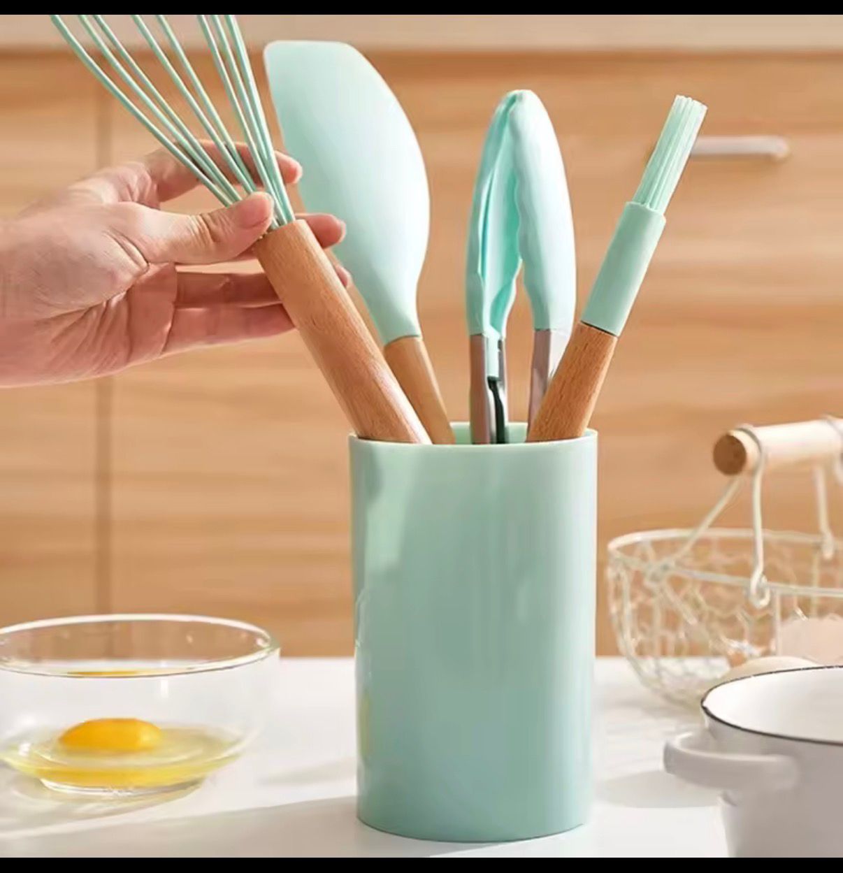 12-Piece Silicone Cooking Utensil Set – Non-Stick Spatulas & Spoons with Wooden Handles