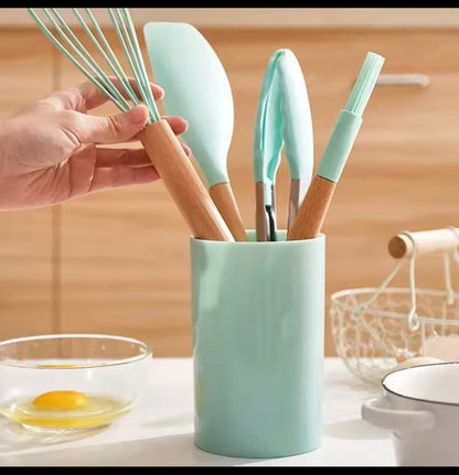 12-Piece Silicone Cooking Utensil Set – Non-Stick Spatulas & Spoons with Wooden Handles