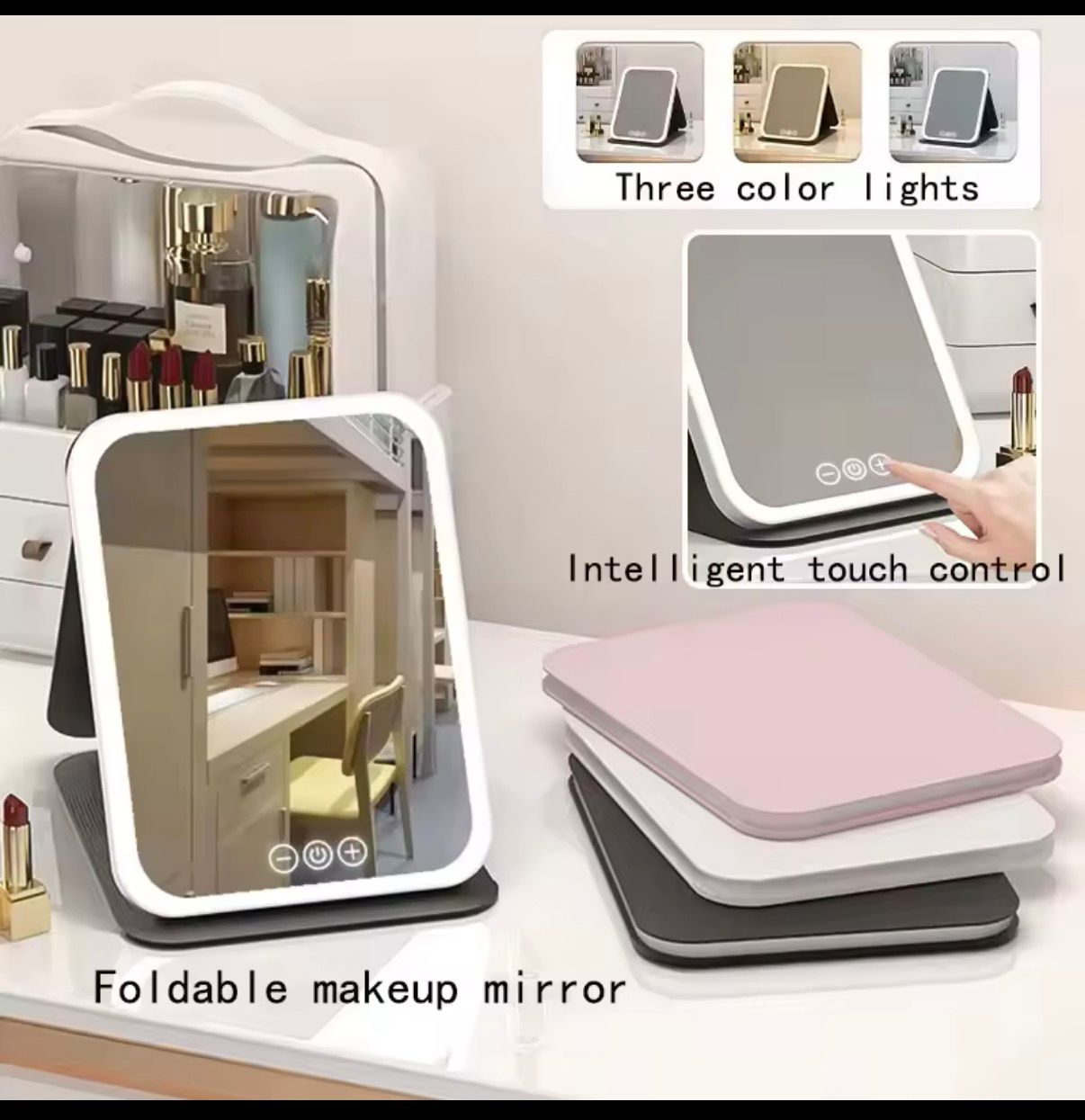 Portable LED Makeup Mirror – 3-Color Light Modes, Brightness Control & USB Charging